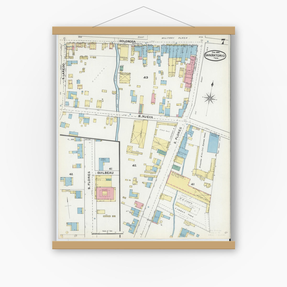 Old map wall art mockup — magnetic wood frame on white wall — Sanborn Fire Insurance Map from San Antonio, Bexar County, Texas (1892), Sheet #0007