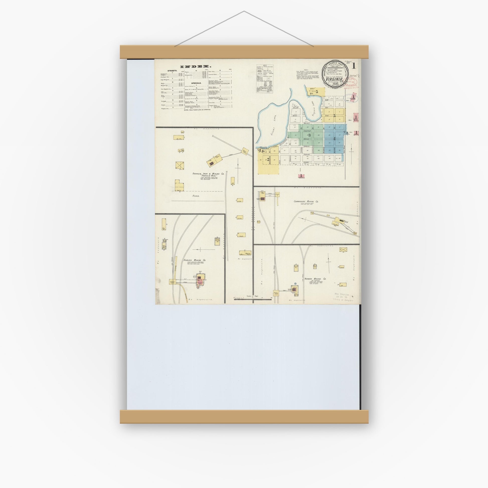 Old map wall art mockup — magnetic wood frame on white wall — Sanborn Fire Insurance Map from Virginia, Saint Louis County, Minnesota (1897) - Complete Map Set