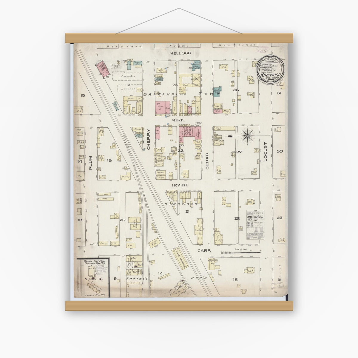 Old map wall art mockup — magnetic wood frame on white wall — Sanborn Fire Insurance Map from Kirkwood, Warren County, Illinois (1886), Sheet #0001