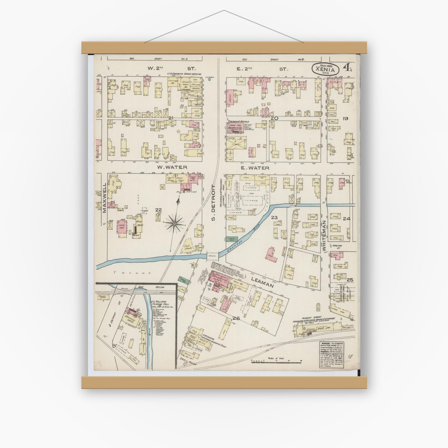 Old map wall art mockup — magnetic wood frame on white wall — Sanborn Fire Insurance Map from Xenia, Greene County, Ohio (1885), Sheet #0004