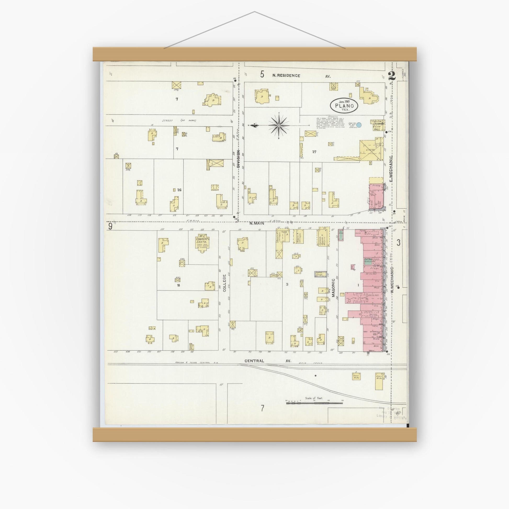Old map wall art mockup — magnetic wood frame on white wall — Sanborn Fire Insurance Map from Plano, Collin County, Texas (1907), Sheet #0002