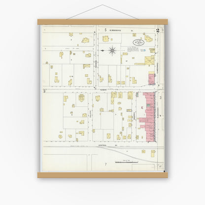 Old map wall art mockup — magnetic wood frame on white wall — Sanborn Fire Insurance Map from Plano, Collin County, Texas (1907), Sheet #0002