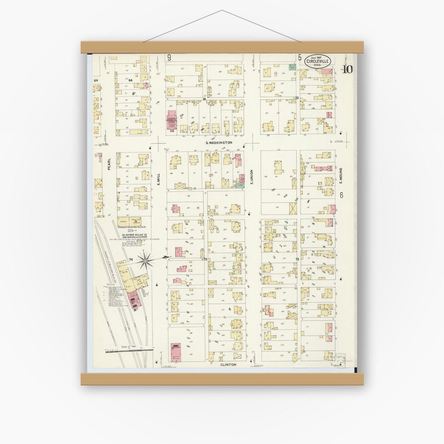 Old map wall art mockup — magnetic wood frame on white wall — Sanborn Fire Insurance Map from Circleville, Pickaway County, Ohio (1907), Sheet #0010