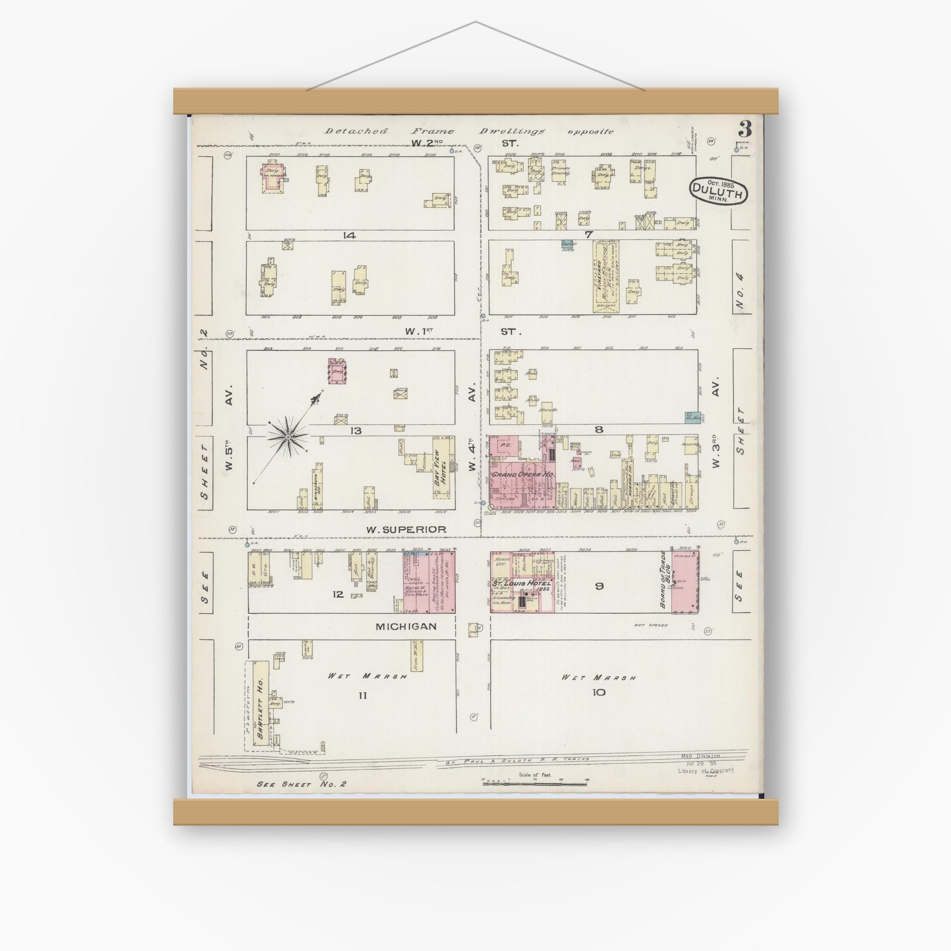 Old map wall art mockup — magnetic wood frame on white wall — Sanborn Fire Insurance Map from Duluth, Saint Louis County, Minnesota (1885), Sheet #0003