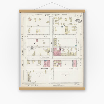 Old map wall art mockup — magnetic wood frame on white wall — Sanborn Fire Insurance Map from Duluth, Saint Louis County, Minnesota (1885), Sheet #0003