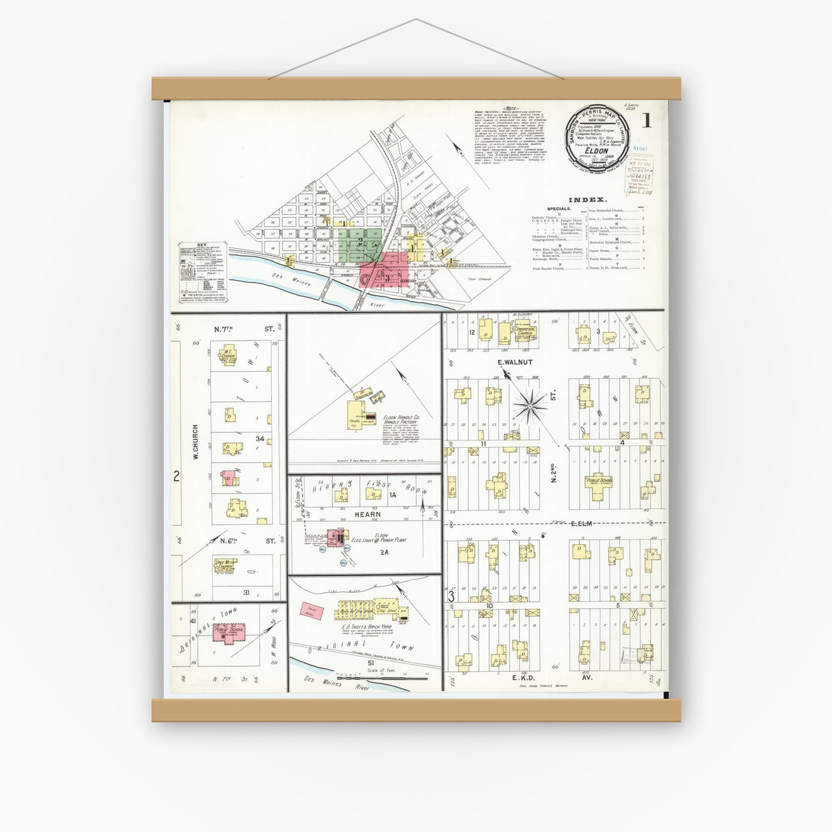 Old map wall art mockup — magnetic wood frame on white wall — Sanborn Fire Insurance Map from Eldon, Wapello County, Iowa (1900) â€” Complete Set