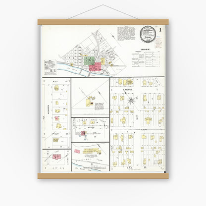 Old map wall art mockup — magnetic wood frame on white wall — Sanborn Fire Insurance Map from Eldon, Wapello County, Iowa (1900) â€” Complete Set