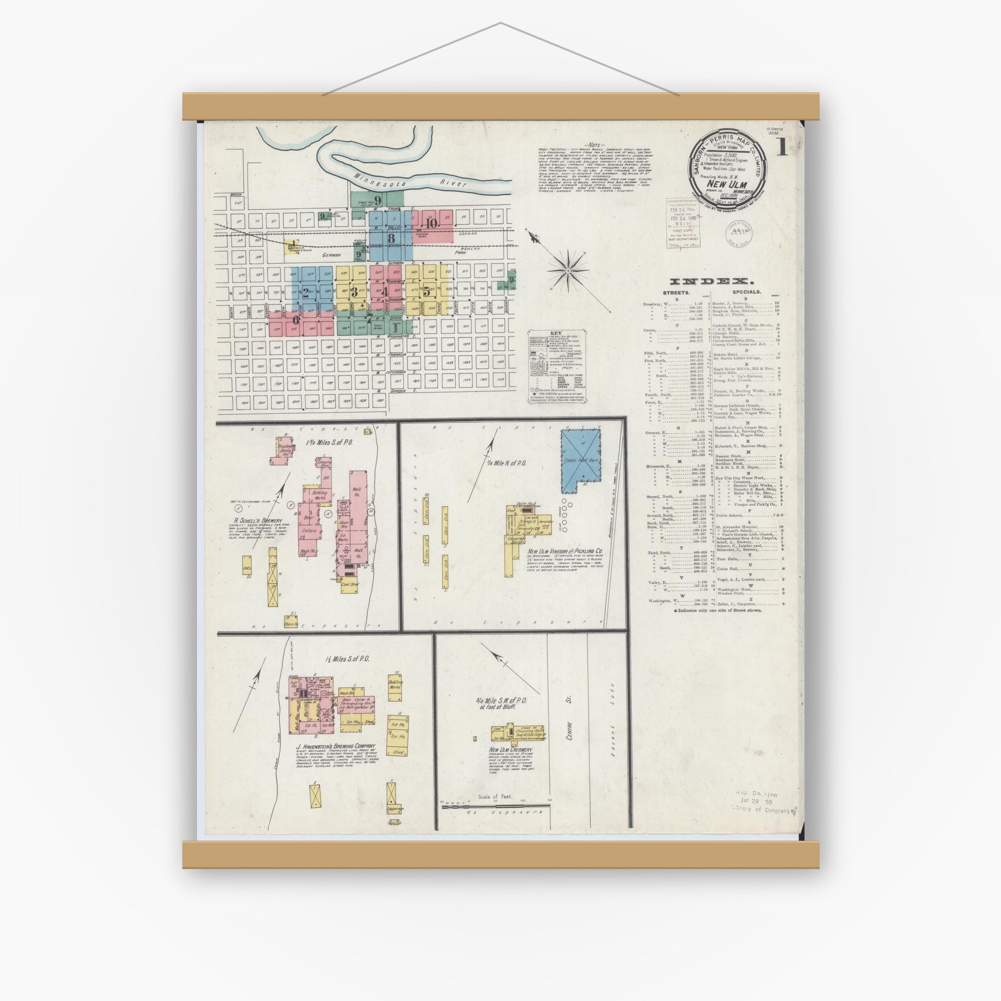 Old map wall art mockup — magnetic wood frame on white wall — Sanborn Fire Insurance Map from New Ulm, Brown County, Minnesota (1899), Sheet #0001