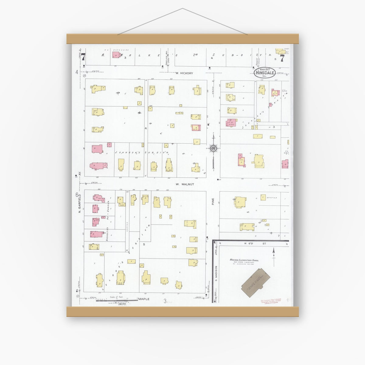 Old map wall art mockup — magnetic wood frame on white wall — Sanborn Fire Insurance Map from Hinsdale, Du Page And Cook Counties, Illinois (1927), Sheet #0007