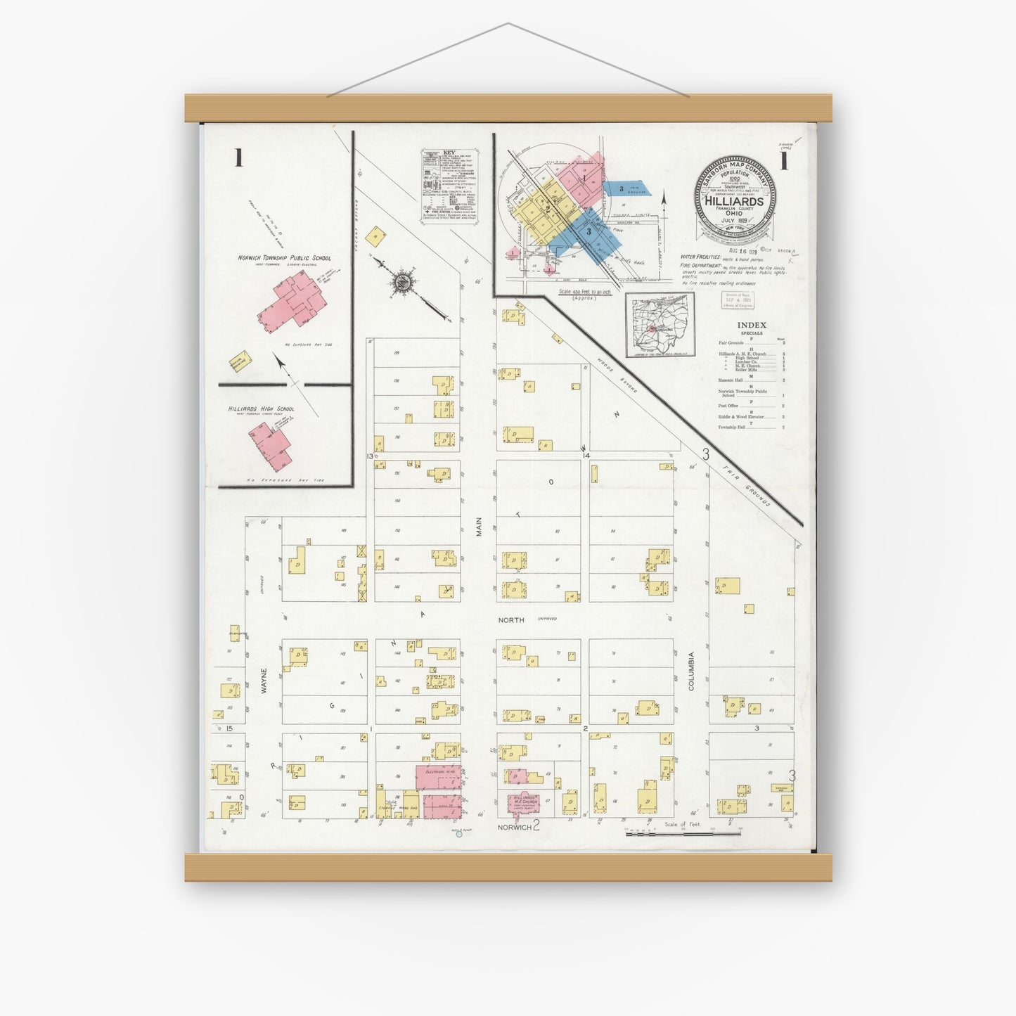 Old map wall art mockup — magnetic wood frame on white wall — Sanborn Fire Insurance Map from Hilliards, Franklin County, Ohio (1929), Sheet #0001