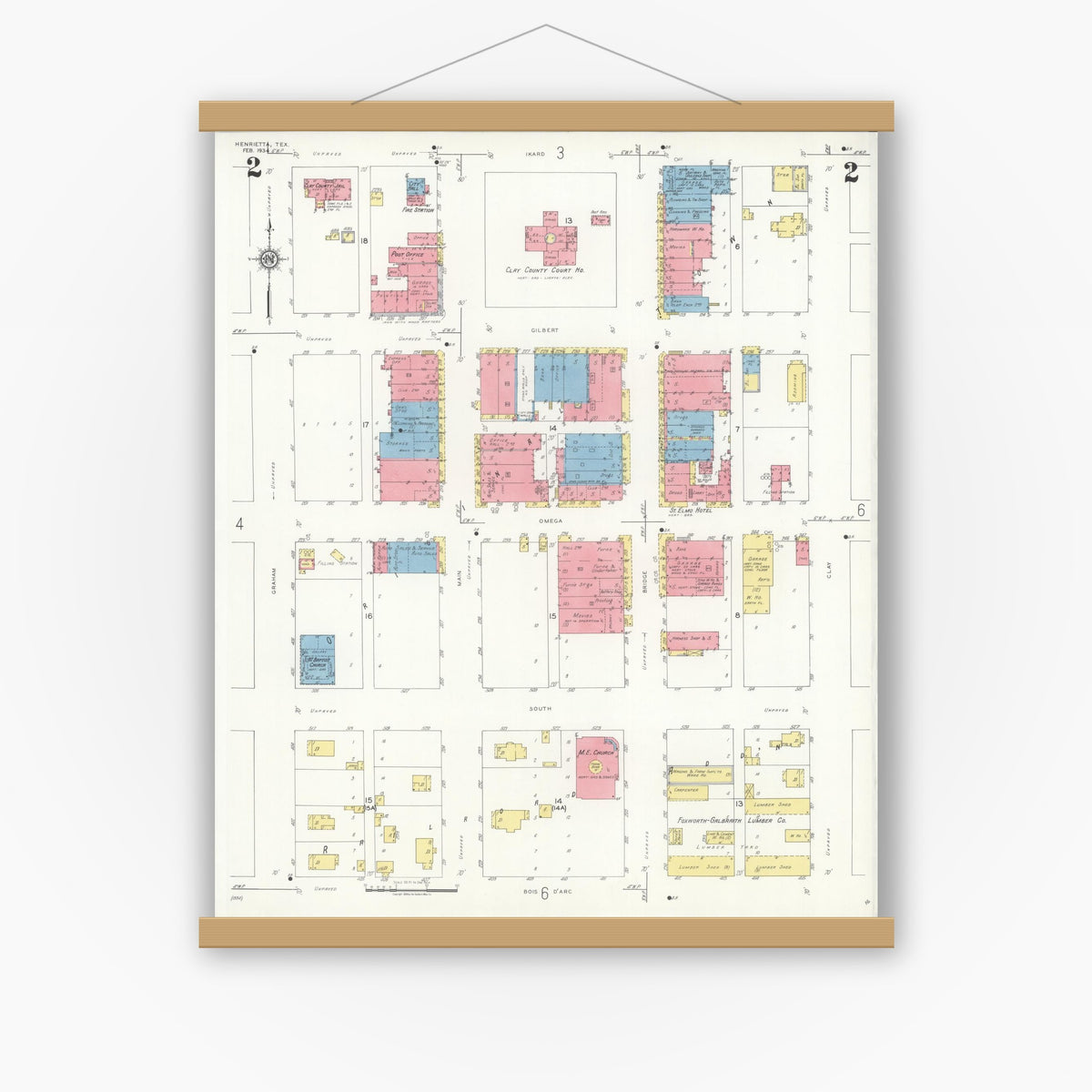 Old map wall art mockup — magnetic wood frame on white wall — Sanborn Fire Insurance Map from Henrietta, Clay County, Texas (1934), Sheet #0002
