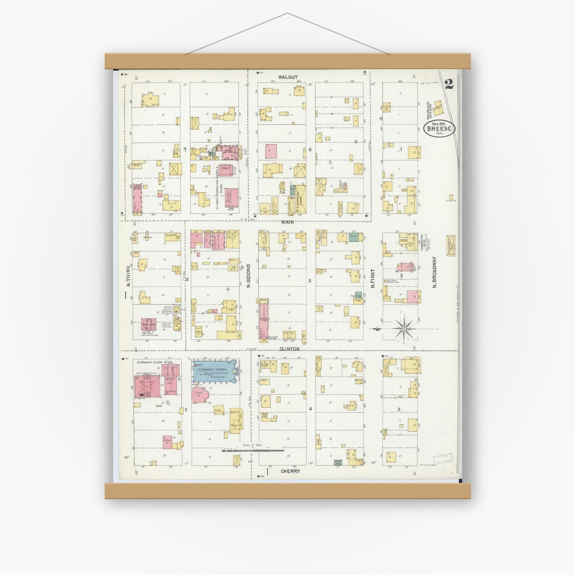 Old map wall art mockup — magnetic wood frame on white wall — Sanborn Fire Insurance Map from Breese, Clinton County, Illinois (1902), Sheet #0002