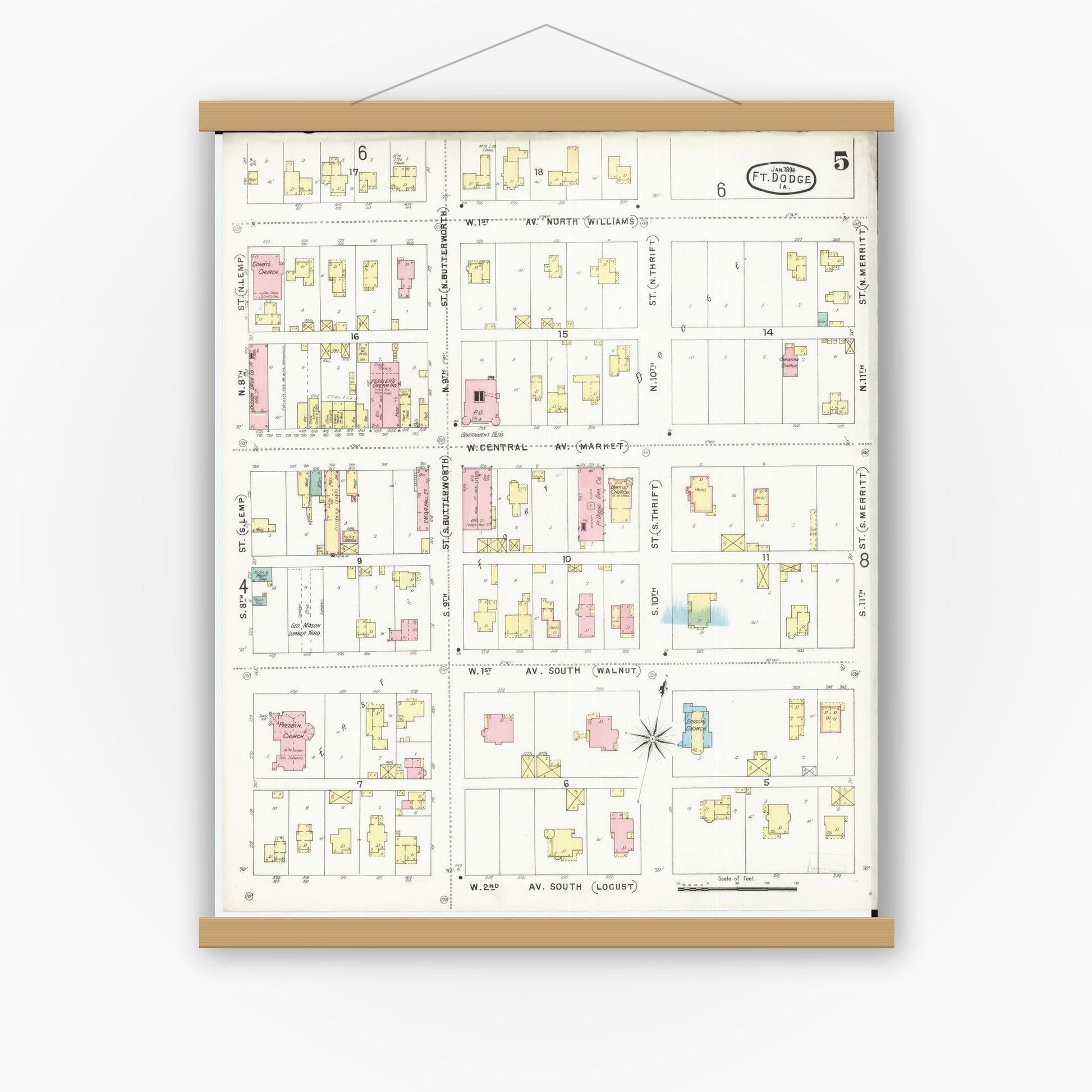 Old map wall art mockup — magnetic wood frame on white wall — Sanborn Fire Insurance Map from Fort Dodge, Webster County, Iowa (1896), Sheet #0005