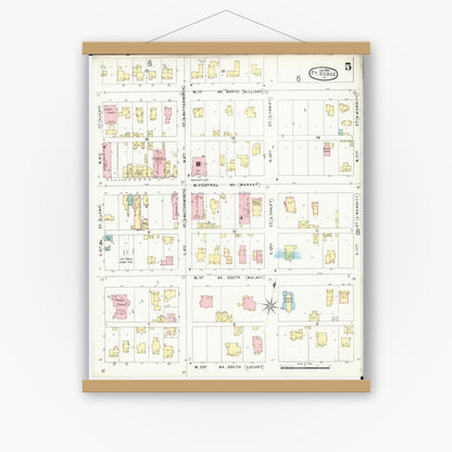 Old map wall art mockup — magnetic wood frame on white wall — Sanborn Fire Insurance Map from Fort Dodge, Webster County, Iowa (1896), Sheet #0005