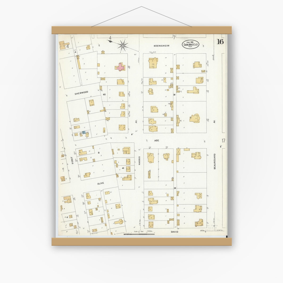 Old map wall art mockup — magnetic wood frame on white wall — Sanborn Fire Insurance Map from San Angelo, Tom Green County, Texas (1908), Sheet #0016