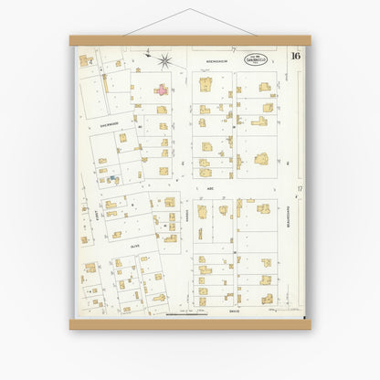 Old map wall art mockup — magnetic wood frame on white wall — Sanborn Fire Insurance Map from San Angelo, Tom Green County, Texas (1908), Sheet #0016