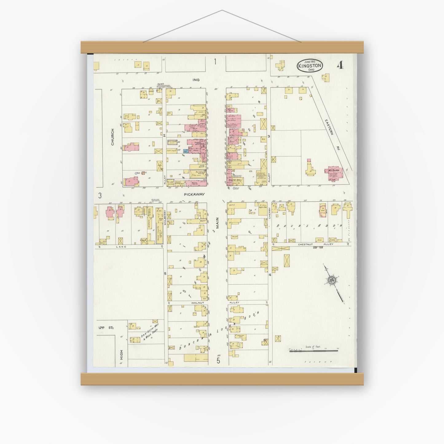 Old map wall art mockup — magnetic wood frame on white wall — Sanborn Fire Insurance Map from Kingston, Ross County, Ohio (1915), Sheet #0004
