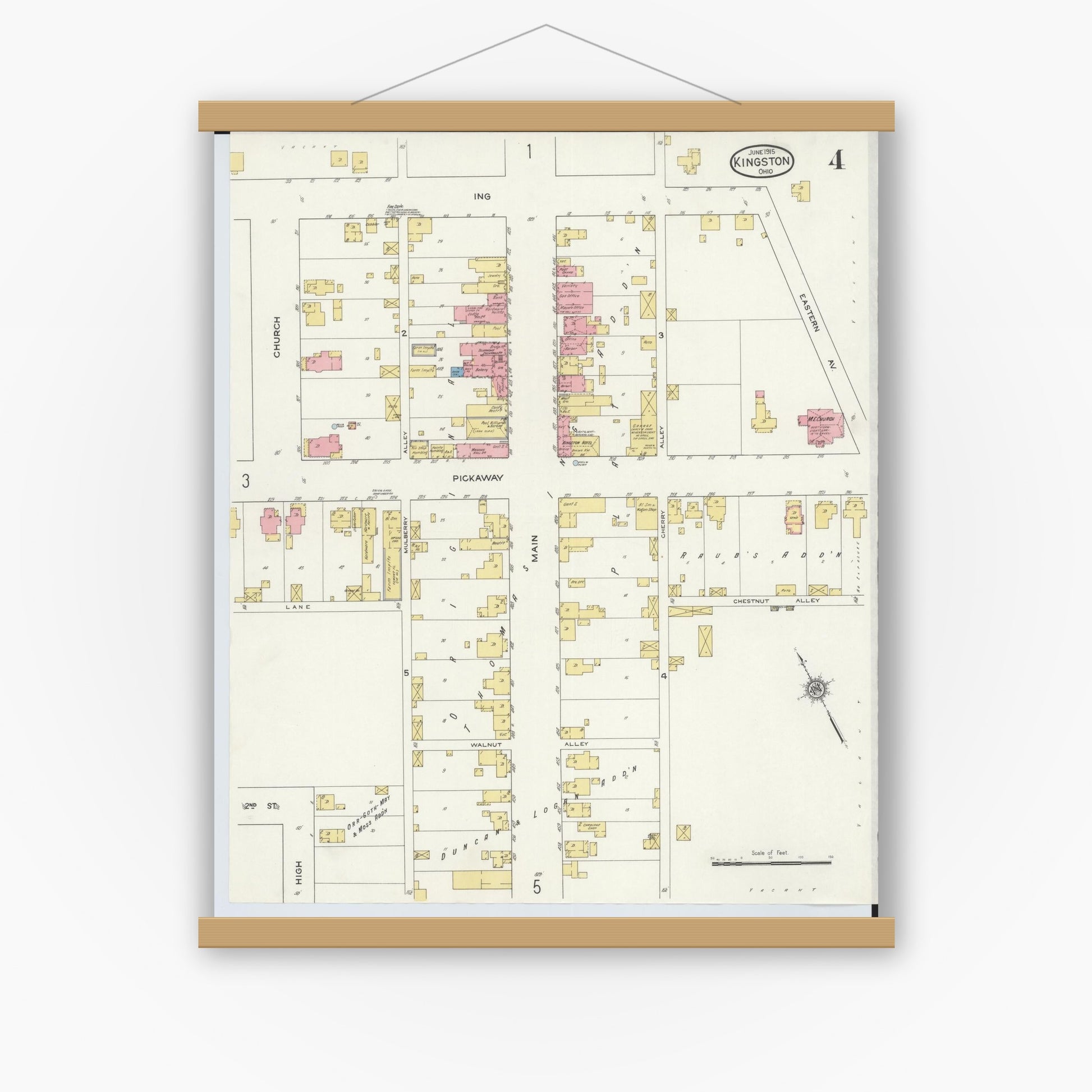 Old map wall art mockup — magnetic wood frame on white wall — Sanborn Fire Insurance Map from Kingston, Ross County, Ohio (1915), Sheet #0004