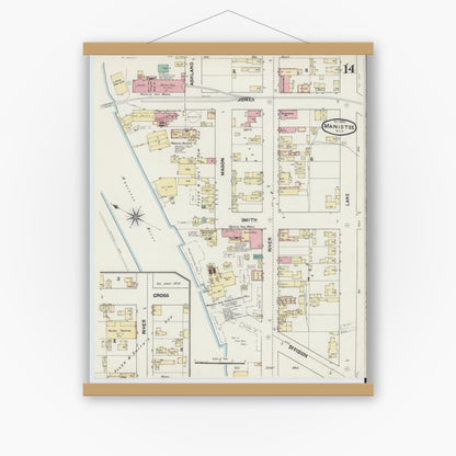 Old map wall art mockup — magnetic wood frame on white wall — Sanborn Fire Insurance Map from Manistee, Manistee County, Michigan (1890), Sheet #0014