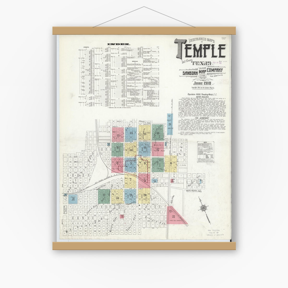 Old map wall art mockup — magnetic wood frame on white wall — Sanborn Fire Insurance Map from Temple, Bell County, Texas (1910), Sheet #0001