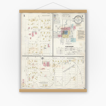 Old map wall art mockup — magnetic wood frame on white wall — Sanborn Fire Insurance Map from Long Prairie, Todd County, Minnesota (1945) - Complete Map Set