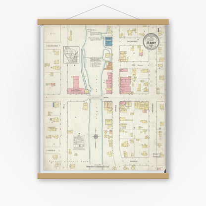 Old map wall art mockup — magnetic wood frame on white wall — Sanborn Fire Insurance Map from Albany, Green County, Wisconsin (1912), Sheet #0001