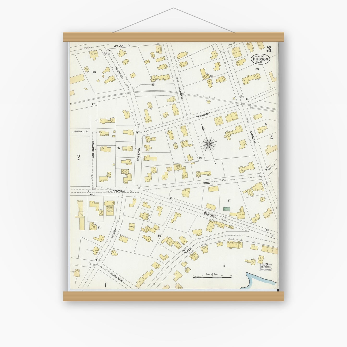 Old map wall art mockup — magnetic wood frame on white wall — Sanborn Fire Insurance Map from Hudson, Middlesex County, Massachusetts (1903), Sheet #0003