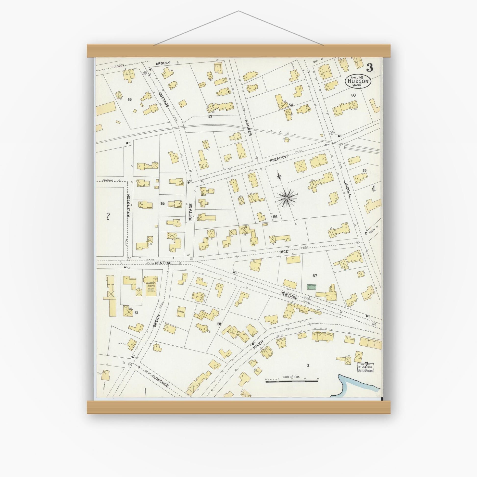 Old map wall art mockup — magnetic wood frame on white wall — Sanborn Fire Insurance Map from Hudson, Middlesex County, Massachusetts (1903), Sheet #0003