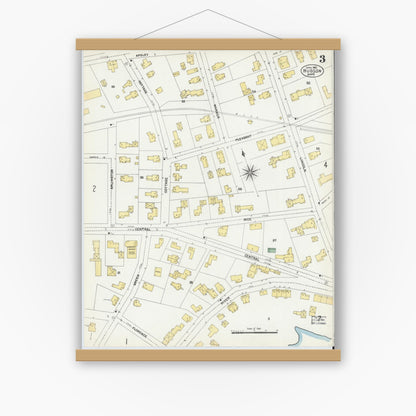 Old map wall art mockup — magnetic wood frame on white wall — Sanborn Fire Insurance Map from Hudson, Middlesex County, Massachusetts (1903), Sheet #0003