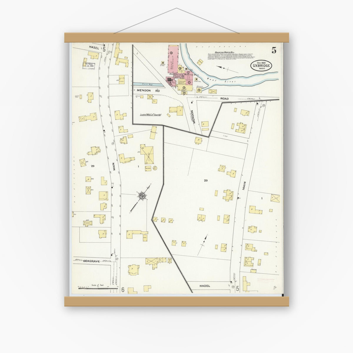 Old map wall art mockup — magnetic wood frame on white wall — Sanborn Fire Insurance Map from Uxbridge, Worcester County, Massachusetts (1909), Sheet #0005