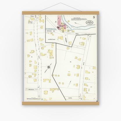 Old map wall art mockup — magnetic wood frame on white wall — Sanborn Fire Insurance Map from Uxbridge, Worcester County, Massachusetts (1909), Sheet #0005