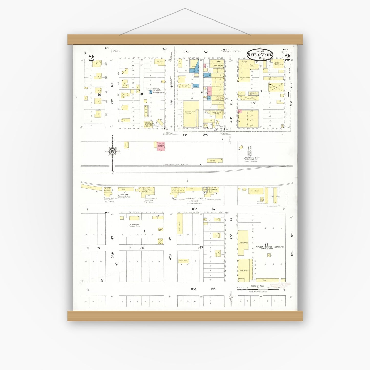 Old map wall art mockup — magnetic wood frame on white wall — Sanborn Fire Insurance Map from Buffalo Center, Winnebago County, Iowa (1923), Sheet #0002