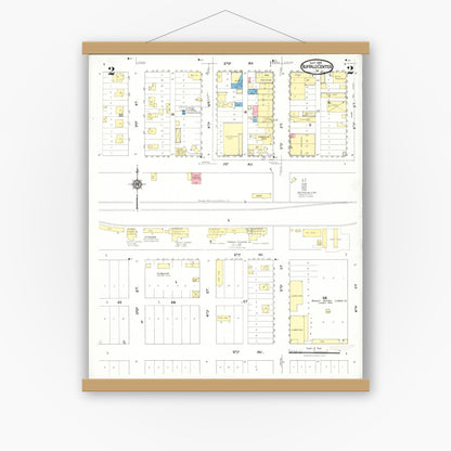 Old map wall art mockup — magnetic wood frame on white wall — Sanborn Fire Insurance Map from Buffalo Center, Winnebago County, Iowa (1923), Sheet #0002