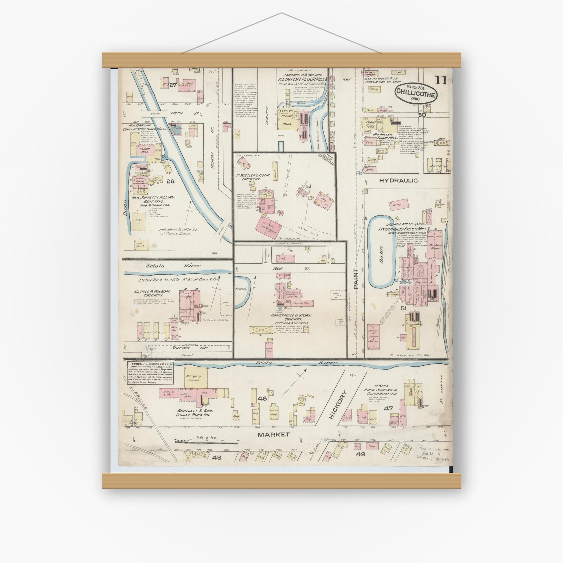 Old map wall art mockup — magnetic wood frame on white wall — Sanborn Fire Insurance Map from Chillicothe, Ross County, Ohio (1884), Sheet #0011