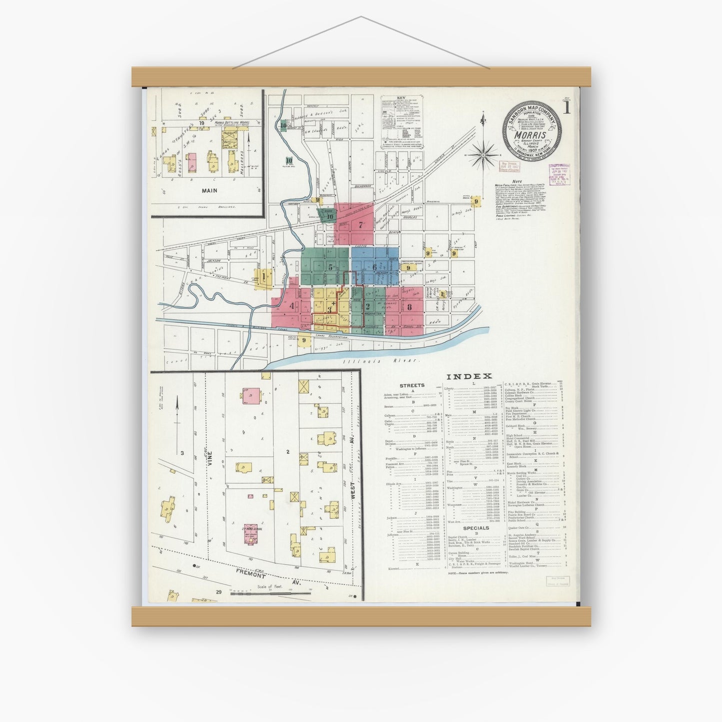 Old map wall art mockup — magnetic wood frame on white wall — Sanborn Fire Insurance Map from Morris, Grundy County, Illinois (1907) - Complete Map Set