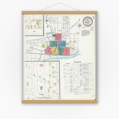Old map wall art mockup — magnetic wood frame on white wall — Sanborn Fire Insurance Map from Morris, Grundy County, Illinois (1907) - Complete Map Set