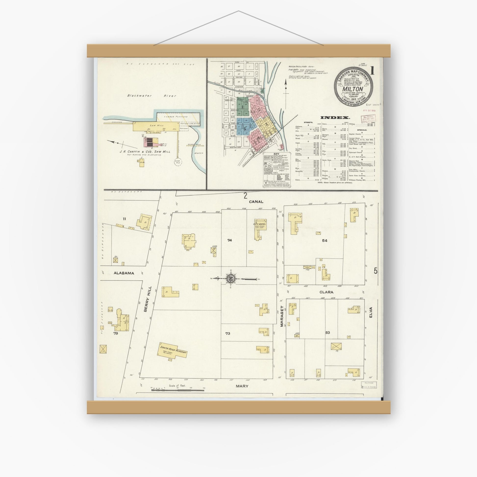 Old map wall art mockup — magnetic wood frame on white wall — Sanborn Fire Insurance Map from Milton, Santa Rosa County, Florida (1910) - Complete Map Set