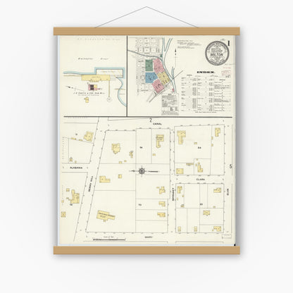 Old map wall art mockup — magnetic wood frame on white wall — Sanborn Fire Insurance Map from Milton, Santa Rosa County, Florida (1910) - Complete Map Set