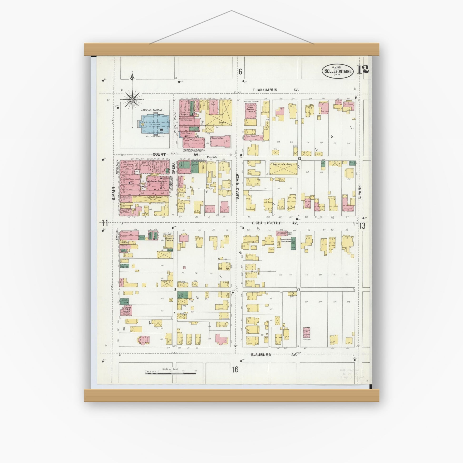 Old map wall art mockup — magnetic wood frame on white wall — Sanborn Fire Insurance Map from Bellefontaine, Logan County, Ohio (1901), Sheet #0012