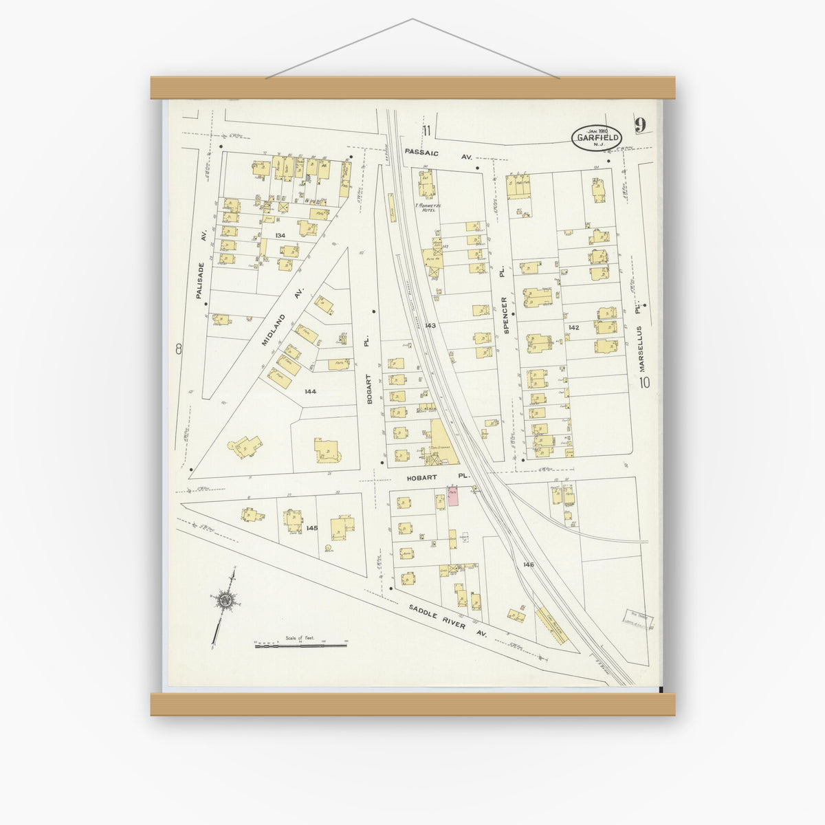 Old map wall art mockup — magnetic wood frame on white wall — Sanborn Fire Insurance Map from Garfield, Bergen County, New Jersey (1910), Sheet #0009