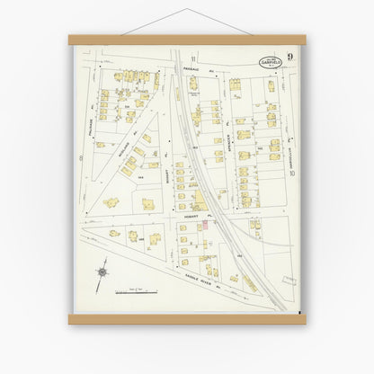 Old map wall art mockup — magnetic wood frame on white wall — Sanborn Fire Insurance Map from Garfield, Bergen County, New Jersey (1910), Sheet #0009