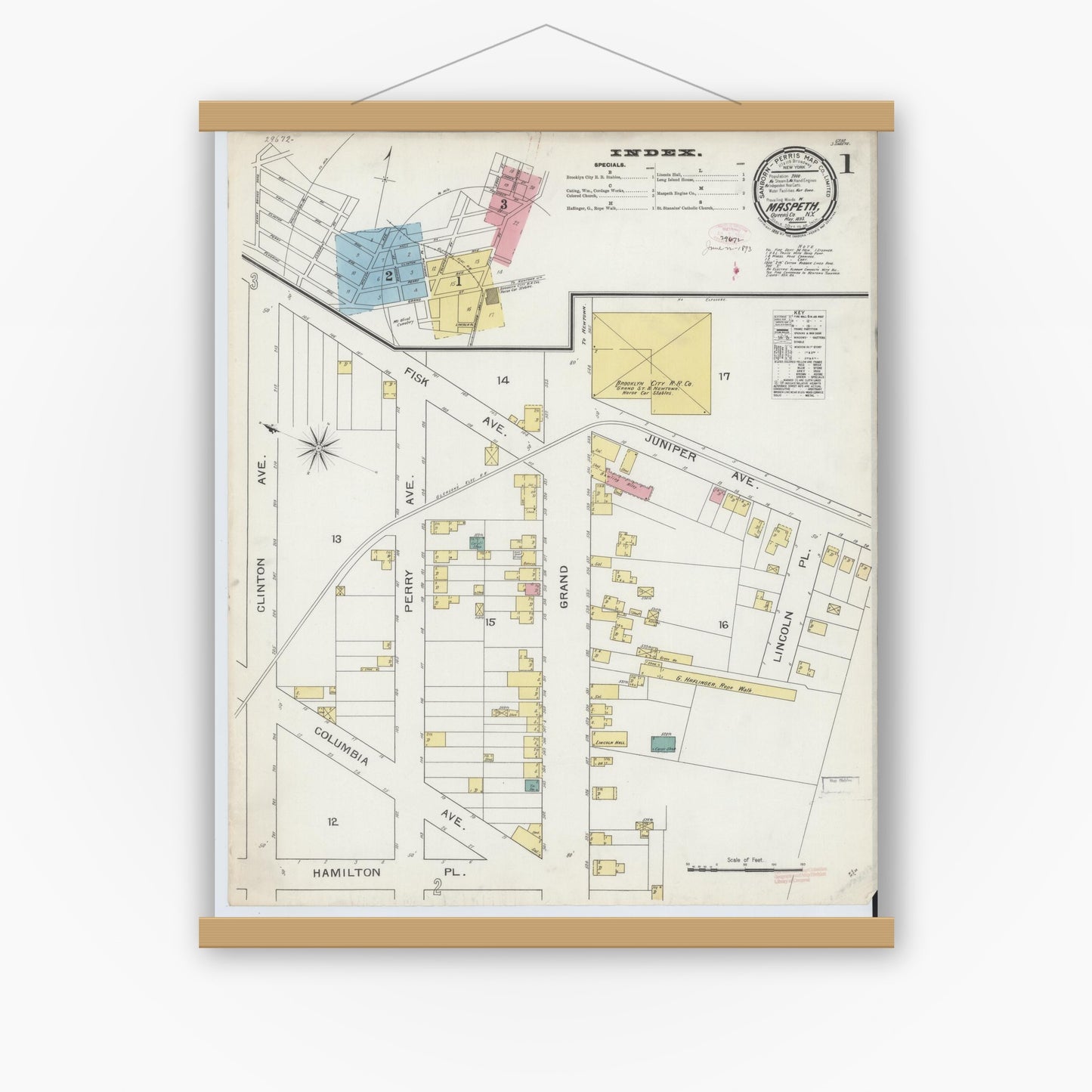 Old map wall art mockup — magnetic wood frame on white wall — Sanborn Fire Insurance Map from Maspeth, Queens County, New York (1893) - Complete Map Set