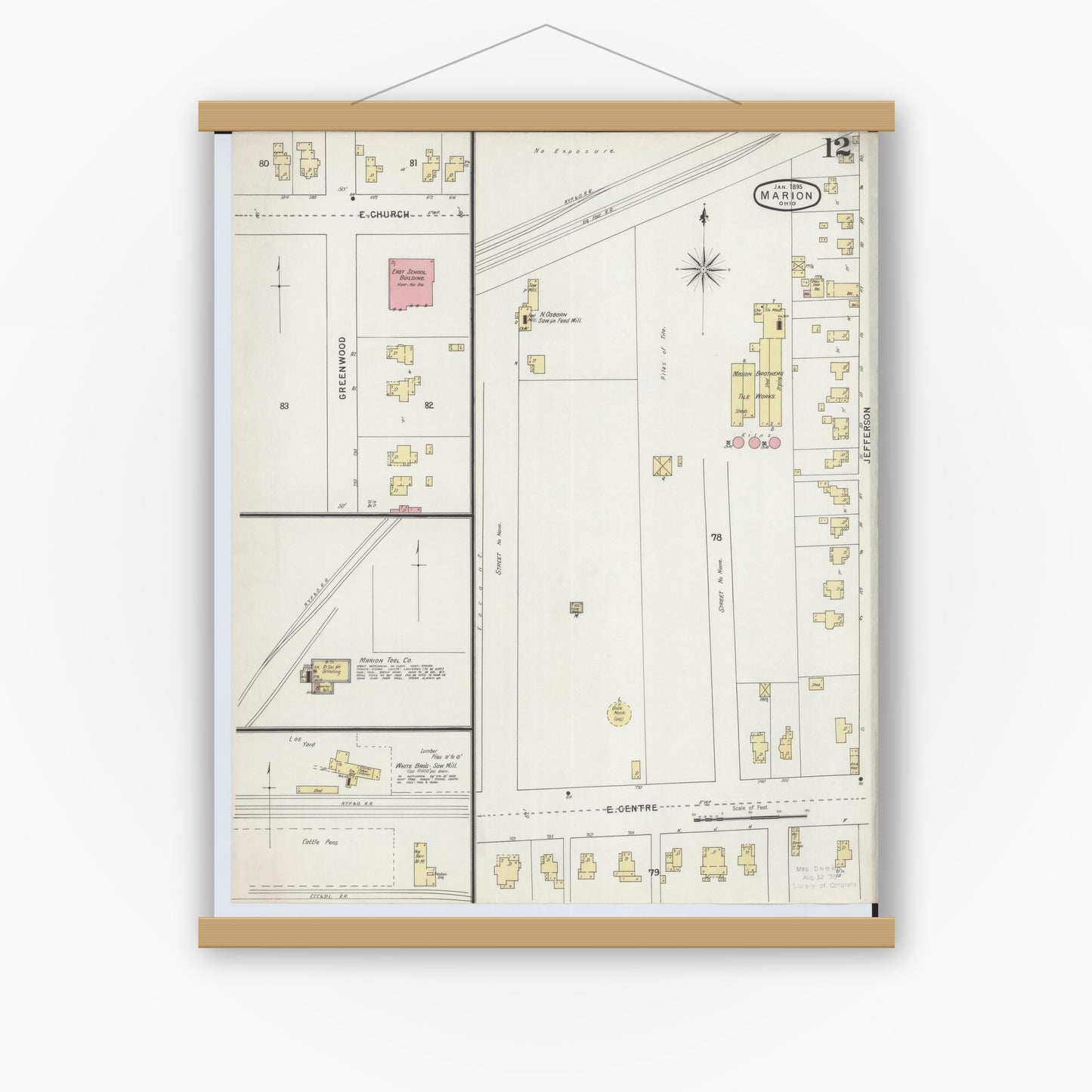 Old map wall art mockup — magnetic wood frame on white wall — Sanborn Fire Insurance Map from Marion, Marion County, Ohio (1895), Sheet #0012