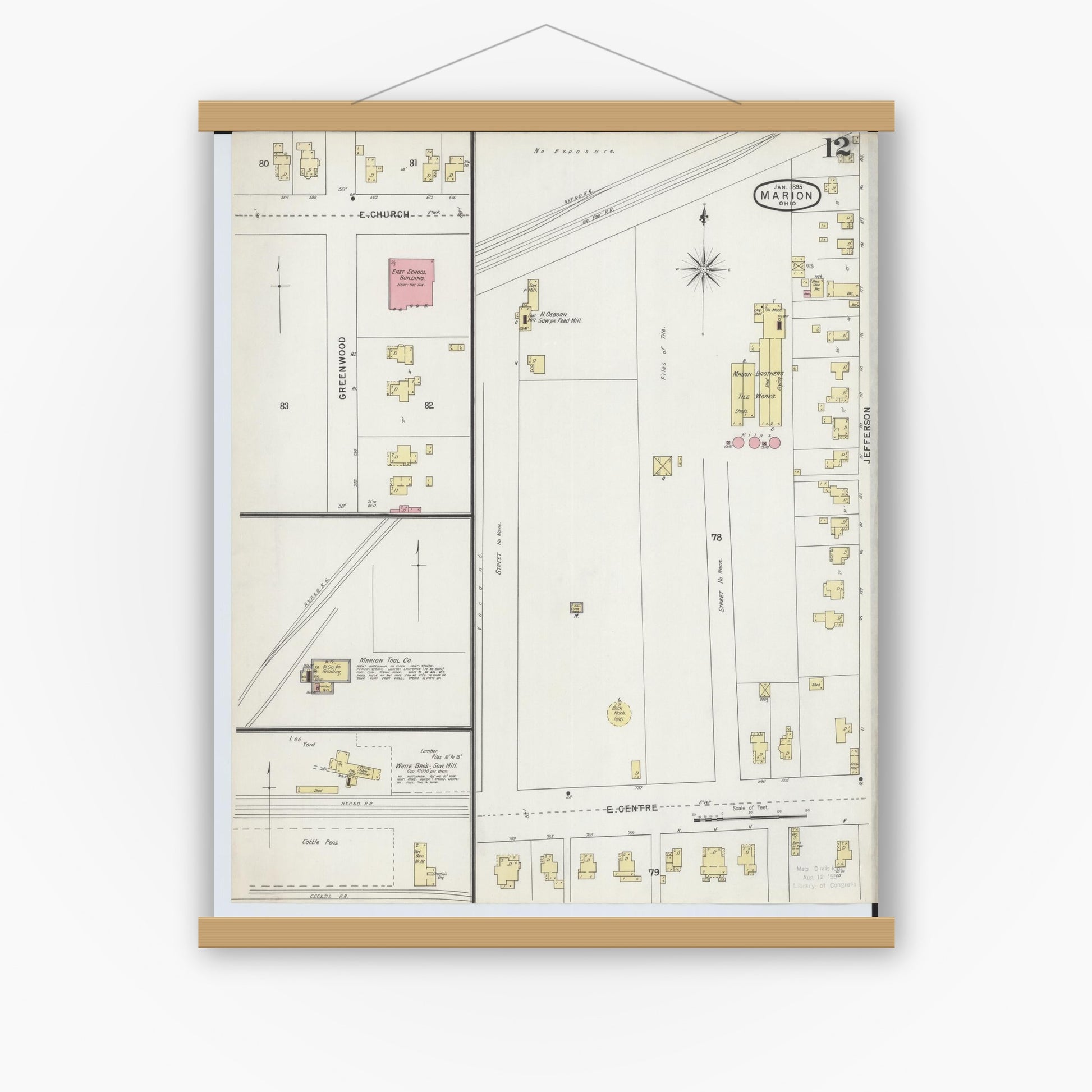 Old map wall art mockup — magnetic wood frame on white wall — Sanborn Fire Insurance Map from Marion, Marion County, Ohio (1895), Sheet #0012
