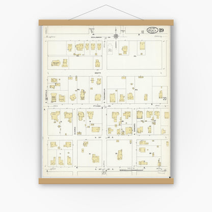 Old map wall art mockup — magnetic wood frame on white wall — Sanborn Fire Insurance Map from Ocala, Marion County, Florida (1912), Sheet #0019