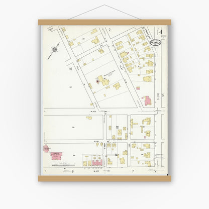 Old map wall art mockup — magnetic wood frame on white wall — Sanborn Fire Insurance Map from Franklin, Independent Cities, Virginia (1917), Sheet #0004