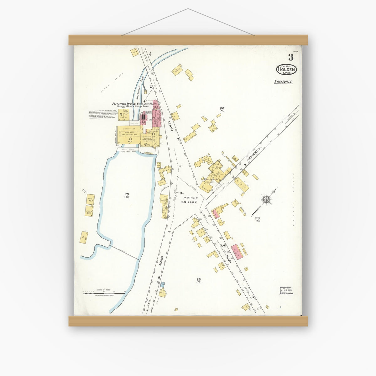 Old map wall art mockup — magnetic wood frame on white wall — Sanborn Fire Insurance Map from Holden, Worcester County, Massachusetts (1921), Sheet #0003