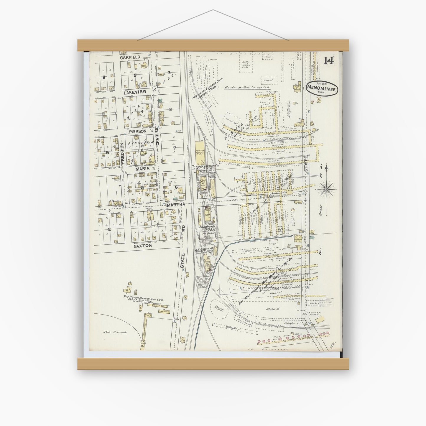 Old map wall art mockup — magnetic wood frame on white wall — Sanborn Fire Insurance Map from Menominee, Menominee County, Michigan (1890), Sheet #0014