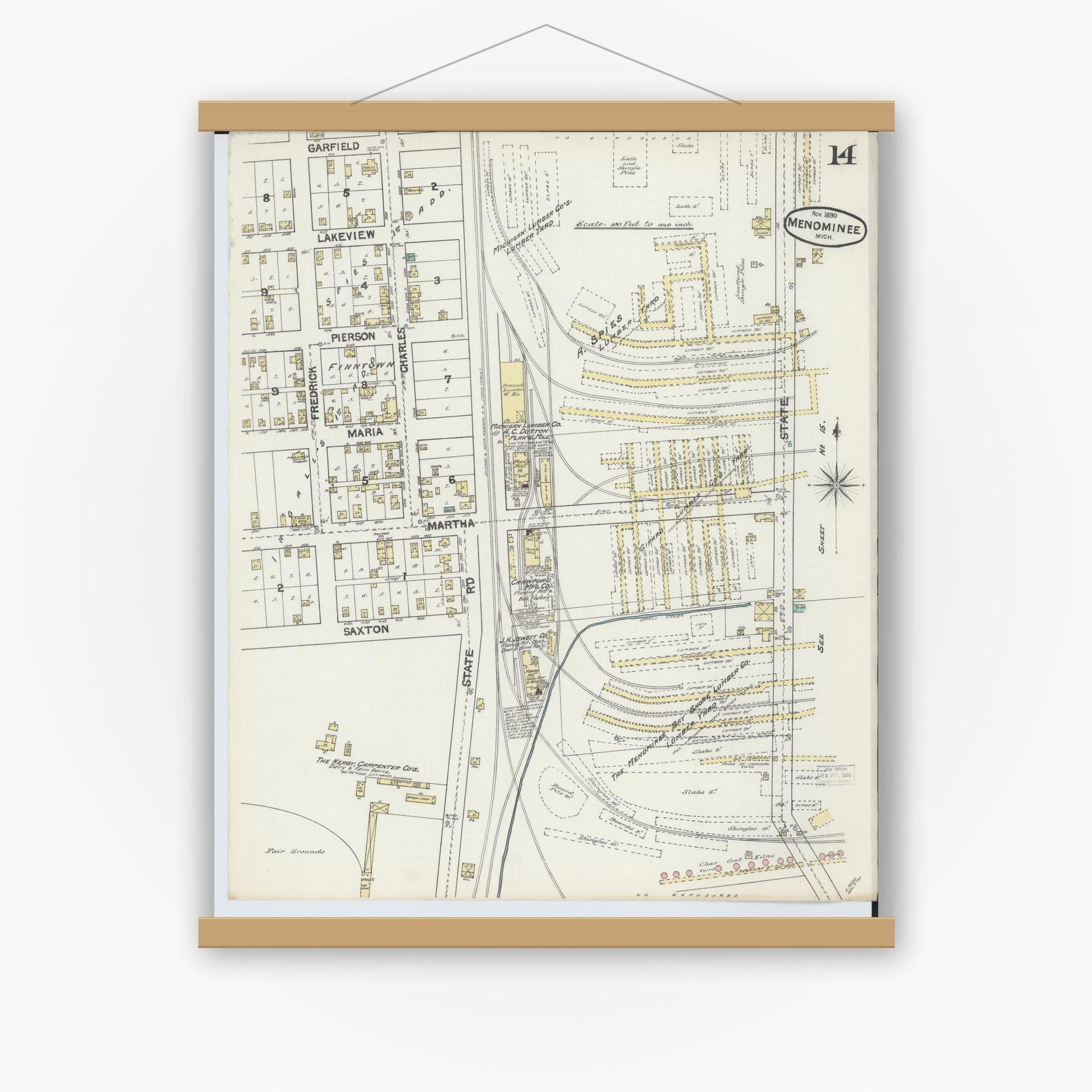 Old map wall art mockup — magnetic wood frame on white wall — Sanborn Fire Insurance Map from Menominee, Menominee County, Michigan (1890), Sheet #0014