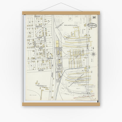 Old map wall art mockup — magnetic wood frame on white wall — Sanborn Fire Insurance Map from Menominee, Menominee County, Michigan (1890), Sheet #0014